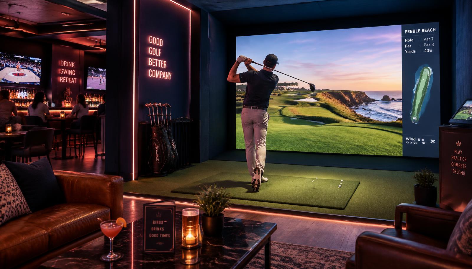 Ambiance du bar Chez Putters avec le simulateur de golf